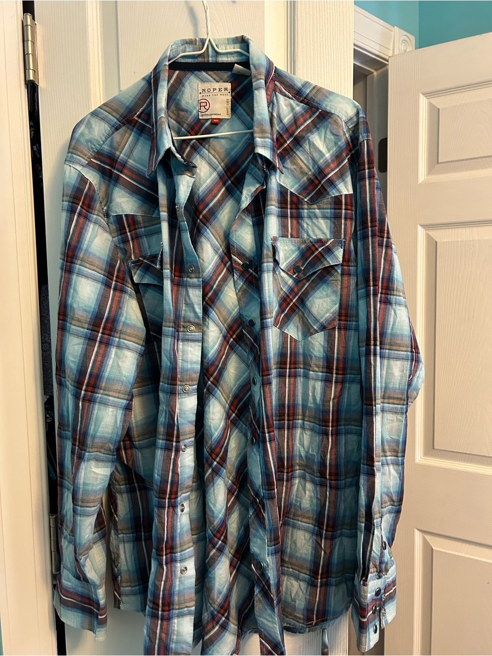 Roper Men’s Teal and Brown Plaid Western Button-Down Shirt